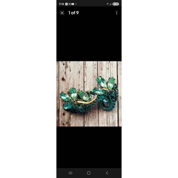 Vintage Holly Craft 1952 Green Rhinestone Clip On Earrings Floral 1 x 0.75 In - Picture 10 of 10